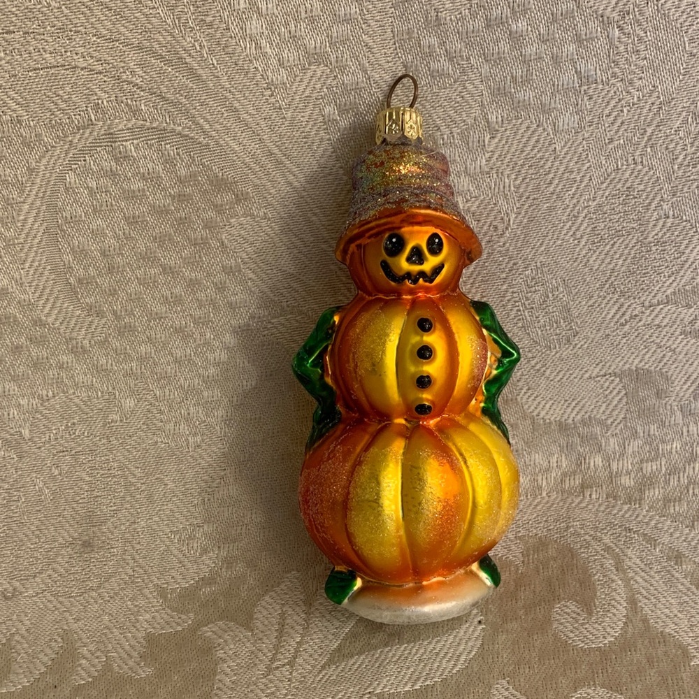 Christopher Radko “Leader of the Patch”Orange and Green Pumpkin Snowman Ornament